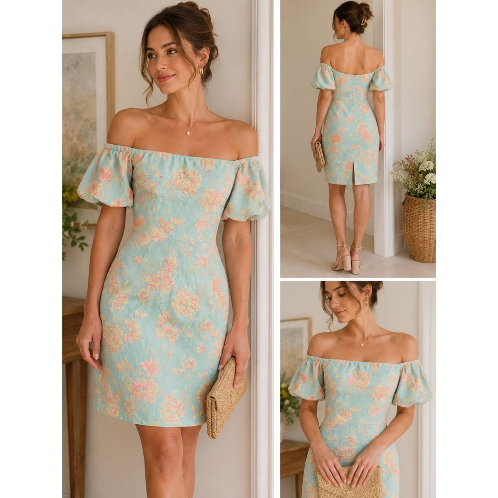 Hutch Floral Jacquard Off Shoulder Sheath Dress Blue Pink Size 8 Cocktail